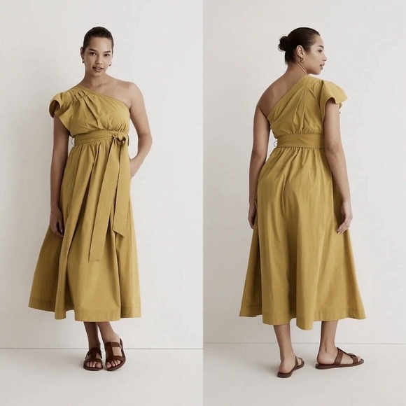 Madewell Ruffled One-Shoulder Midi Dress In Olive Surplus Size 12 - Picture 1 of 13